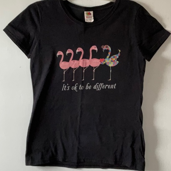 Fruit of the Loom Tops - Autism Awareness Black T-Shirt with Pink Flamingo Design